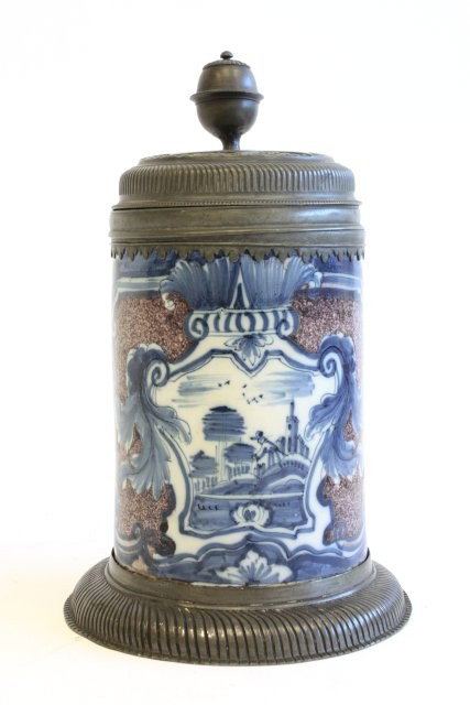 18th c. pewter & porcelain stein: Enamelled & etched on top "IDMM 1720". Enamel worn on handle. From the estate of Carl Freed of K. Gluck Selig Antiques, mid-town Manhattan dealer.