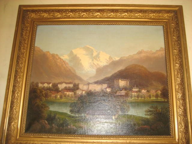 19th c. gilt framed oil painting signed R. Mulle: "Village by the Alps", on canvas. Old patch. Approx. 15" x 19". From the estate of Carl Freed of K. Gluck Selig Antiques, mid-town Manhattan dealer.