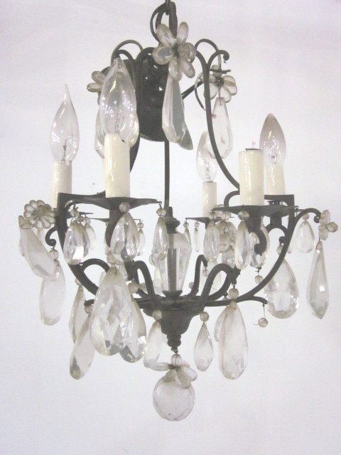 Iron & crystal chandelier: Approx. 18" H x 12.5" Diam. From the estate of Carl Freed of K. Gluck Selig Antiques, mid-town Manhattan dealer.