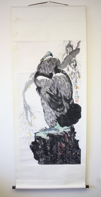 Hanging ink & watercolor on paper: Tam Chang Yong 20th c., "Eagle on the Rock". Approx. 27" W x 53.5"