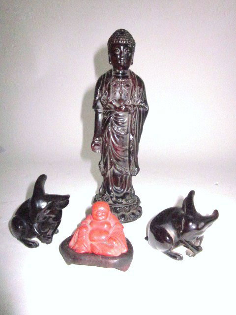 Lot of Chinese and Cinnabar: Standing with amber Buddha; Approx. 7 3/4" tall, and two rabbits; old cinnabar Buddha with hood stand