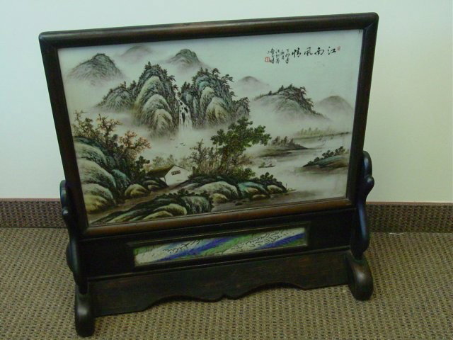 Chinese table screen with porcelain plaque: Artist signed; Approx. 28"W x 29"H