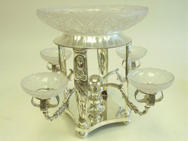 Silver plated figural epergne: With cut glass & etched bowl & cups. Approx. 15" H
