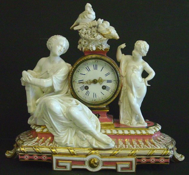 19th c. Minton enamelled porcelain figural clock: Rare, great quality. Age cracks on clock, birds need repair. Approx. 16.5" W x 14" H