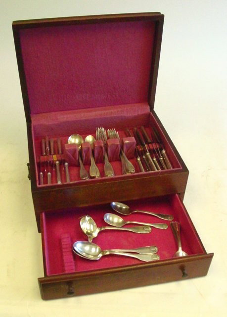 Christofle France silverware set in box: Includes: 8 butter knives, 8-8.25" knives, 1-9.5" knife, 7 salad forks, 7 forks, 6 teaspoons, 7 soup spoons, 2 serving spoons, 1-7" ladle, 1 cheese knife.