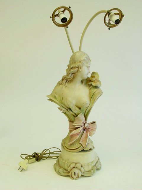 19th c. Art Nouveau porcelain "Bust of a Lady": Mounted as a lamp. Signed Noel Nelson. Possibly Teplitz or Royal Dux. Small flake. Approx. 15".
