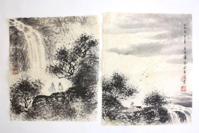 2 pieces soft paper watercolors: by artist "Fu Bao Shi", Approx. 14" x 11 1/4"