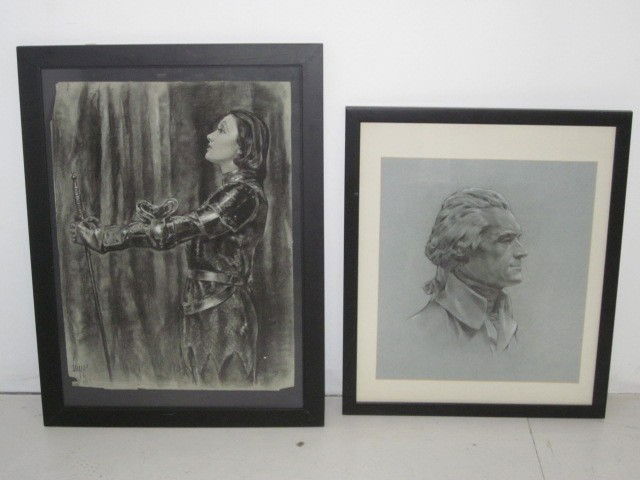 Two charcoal drawings: 1-18" x 25" framed "Joan of Arc" signed Lupas. 1-16.5" x 18.5" charcoal drawing of "Thomas Jefferson", unsigned.