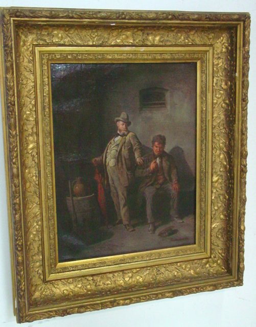 Oil painting on canvas signed: "Interior Genre Scene wtih Two Men", Friedrich Friedlander (1825-1901), signed lower right, dated 1868, in period gilt frame. Approx. 12 1/2" x 10". From an extensive art collection of a Long Island, 