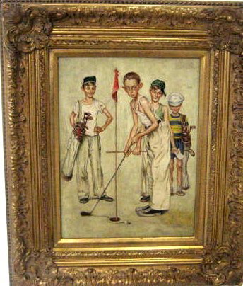 Gilt framed oil painting on board: Norman Rockwell style, "Four Children Playing Golf". Approx. 12" x 16"