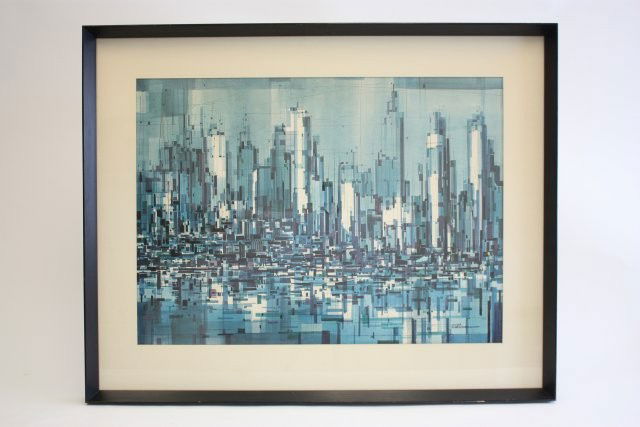 Framed watercolor & ink by Viktor Schreckengost: "Metropolis". Approx. 21" x 28"