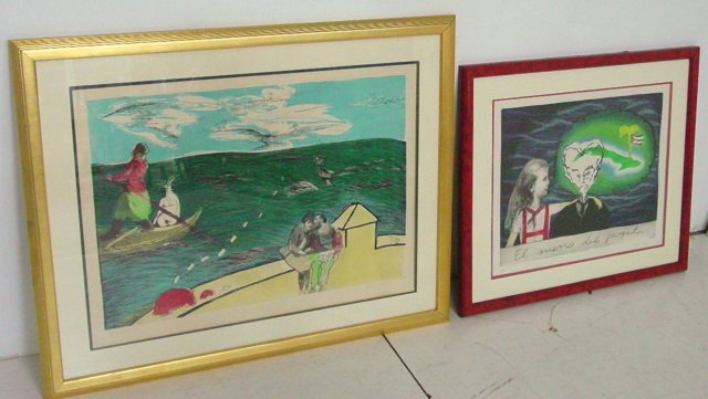 Two Cuban mixed media paintings: 1- "Sea Scene", approx. 29" W x 21" H. 1- "Child with Person", 3 of 10, approx. 17" H x 21" W.