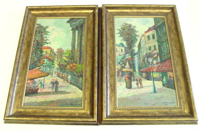 Pair oil paintings signed A. Blanchard: "Paris Street Scene". Anton Blanchard. Framed, on artist board.
