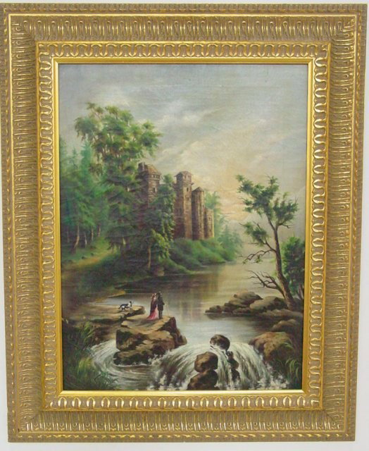 19th c. oil painting on canvas signed: "Landscape with Castle & People", signed & dated on verso, L. Whitney , Jan 1879. Approx. 18" H x 13 1/2" W.