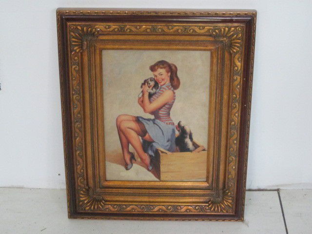 Gilt framed oil painting on board: "Pin Up Girl with Puppies". Approx. 12" x 16"