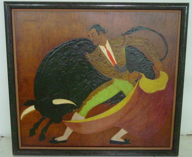 Framed "Bull Fight" by Charles Baskerville: Oil & sculpted gesso on plywood. Approx. 40" x 44"