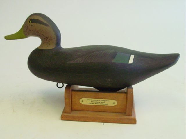 Signed Patrick Vincenti decoy on stand: Handpainted "Black Duck" dated 1993.