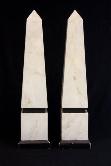 Pair of composition obelisks: Approx. 24.5" H Any condition statement is given as a courtesy to a client, it is only an opinion and should not be treated as a statement of fact. Time & Again, Inc. shall have no responsibility for 