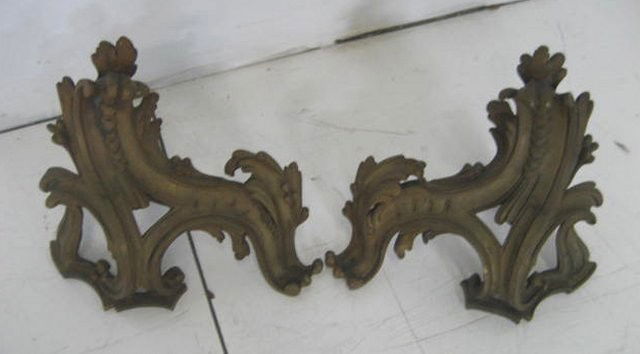 Pair bronze Baroque chenets: Approx. 15" x 16". From the estate of Carl Freed of K. Gluck Selig Antiques, mid-town Manhattan dealer.