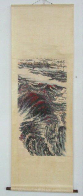 Handpainted scroll: Approx. 38" x 19", artist Lu Yan Shao