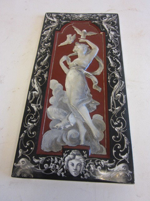 19th c. Art Nouveau style Majolica tile: Handpainted, depicting "Venus". Approx. 12.5" x 6"