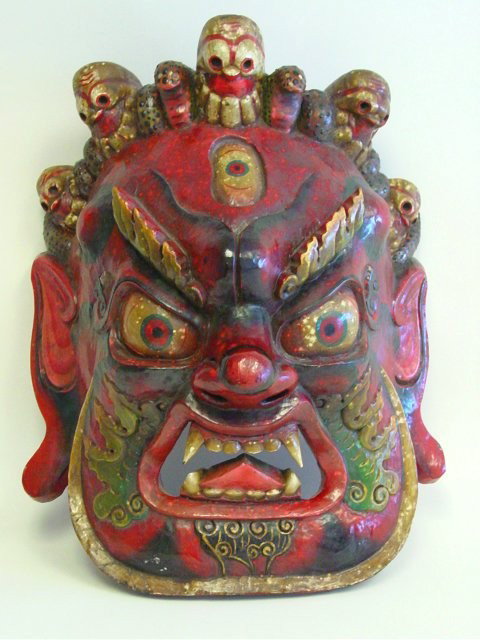Mid 19th c. hand painted carved Bhrabi mask: Depicting "Five Skeleton Head", warding evil away.