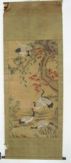 Chinese handpainted scroll "Five Birds in Trees": Artist signed Sant Qan. Approx. 48" x 25 1/4". Wear on edges.