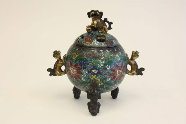 19th c. champleve & bronze censer: Approx. 9 1/4" H x 8 1/2" W. Marked on bottom.