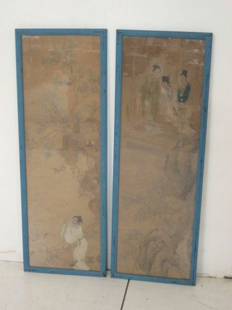 Pair of framed Chinese watercolors on paper: "Three Women on Bridge Looking Over Blossom Tree" and "One Woman Under Blossom Tree". Approx. 10" W x 52" L.