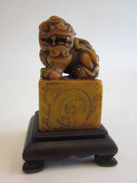 19th c. figural Chinese soapstone on wood base: Approx. 4" H x 2" x 2