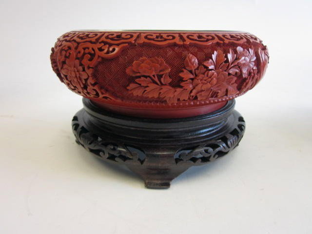 Chinese Cinnabar brush pot: Approx. 2.5" x 7.75" W.