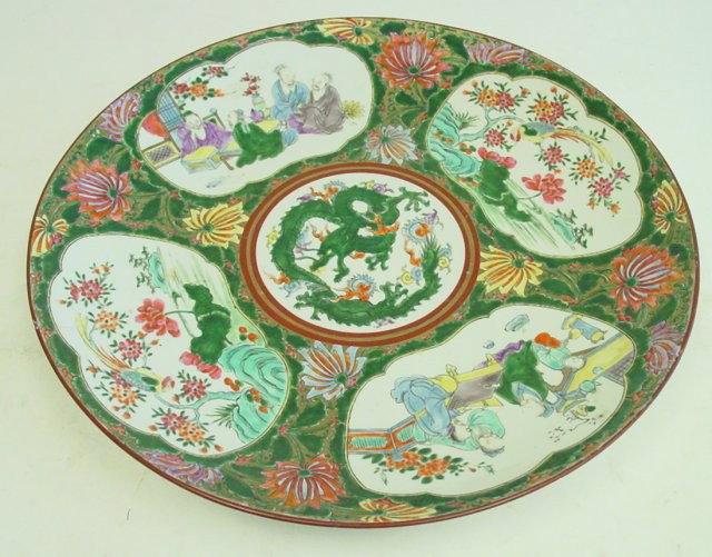 20th c. Chinese charger with dragon design: Approx. 18" Diam., Cantonese design, line on rim.