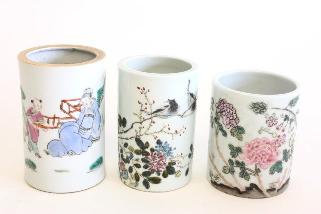 3 19th c. Chinese hand painted pen holders: 19th c. porcelain. 1- Depicting "Birds on Trees with Calligraphy", approx. 5" H x 3" D. 1- Depicting "Father, Child, and Butterfly", approx. 5" H x 3" D. 1- Depicting "Flowers, Trees, and Bats", artis