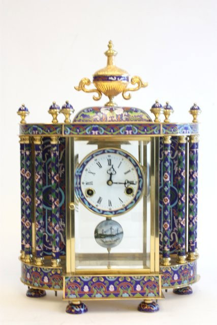 Enameled crystal regulator clock: Late 20th c., brass columns. approx. 18" H x 13" W. Please read our terms of sale.