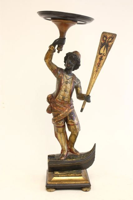 19th c. polychromed painted Blackamoor: Old repairs, replaced base. Approx. 25" H. Please read our terms of sale.