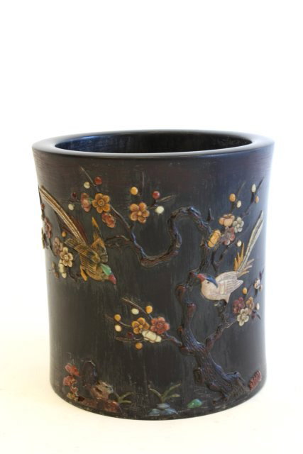 19th c. Chinese brush pot: Depicting "Birds in Jade Tree", soapstone, jade, & semi precious stones, approx. 7.5" H x 7" W. Please read our terms of sale.