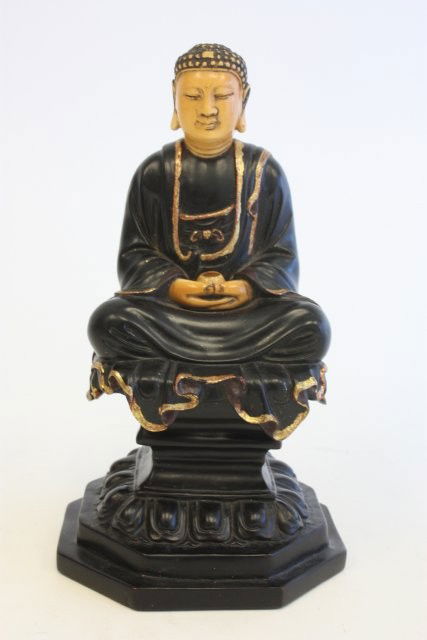 19th c. Zitan wood & ivory "Seated Buddha": Gold painted highlights, approx. 8" H. Please read our terms of sale.