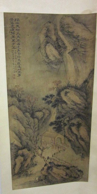 Chinese scroll of "Mountain with House": "Wang Wei". Approx. 38" x 18". Please read our terms of sale.