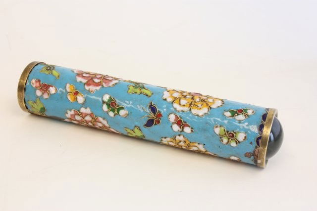 Ching Dynasty enameled kaleidoscope style: Approx. 7.25" Long. Madam Hengyi Aixinjueluo is a well-known Chinese artist. She is a descendant of the royal family of the Qing Dynasty, she is the grand niece of the last Emperor of China; she is kn