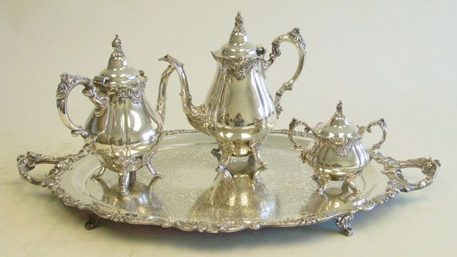 4 pc silver plated tea set by Wallace: "Baroque". Please read our terms of sale.