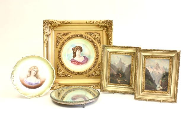 Group lot of 4 items: 1- Pair gilt framed oil painting on canvas "Landscape", approx. 8.5" x 5.5". 1- Austrian portrait plate, approx. 10.5" D. 1- Mirrored tray, approx. 12" D. 1- Spode portrait plate in gilt frame, approx