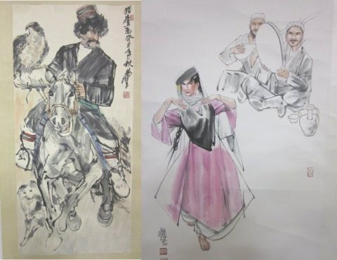 Group of 2 scrolls: 1- "Man" by Huang Zhou, approx. 27" x 17". 1- "Man and Horse" by Huang Zhou. Approx. 37" x 17". Please read our terms of sale.