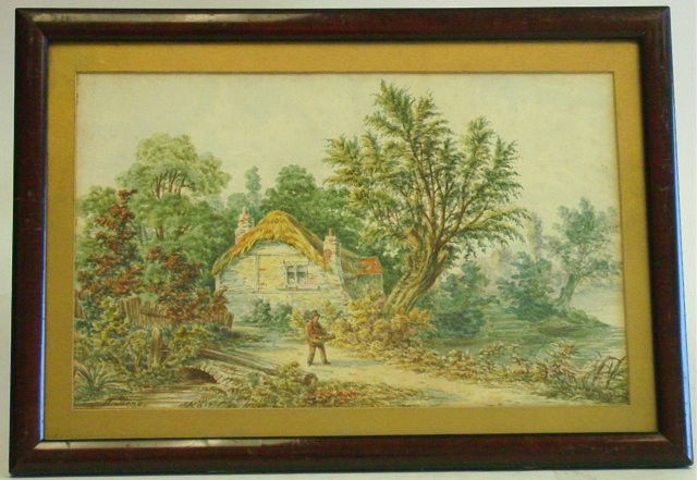 Framed English watercolor signed W. Stone: "Man Walking Over Bridge in front of House",19th c., approx. 16" x 10" H. Please read our terms of sale.