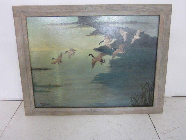 Framed oil on artist board signed Eric Sloane: "Geese Taking Flight". Approx. 32" x 42" W. Please read our terms of sale.