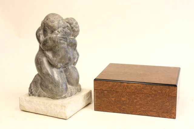 Marble sculpture signed Gauss & humidor: Marble sculpture signed Gauss 1976 "Mother & Child in Embrace". Indated 1976. Eugene Gauss, American sculptor 1905-1988. Approx. 14.75" H. English walnut humidor. Please read our terms of sale.