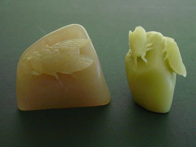 2 Soapstone carvings of "Insects on Rock": Approx. 1.75" x 1.5" & 2" x 2.5". Please read our terms of sale.