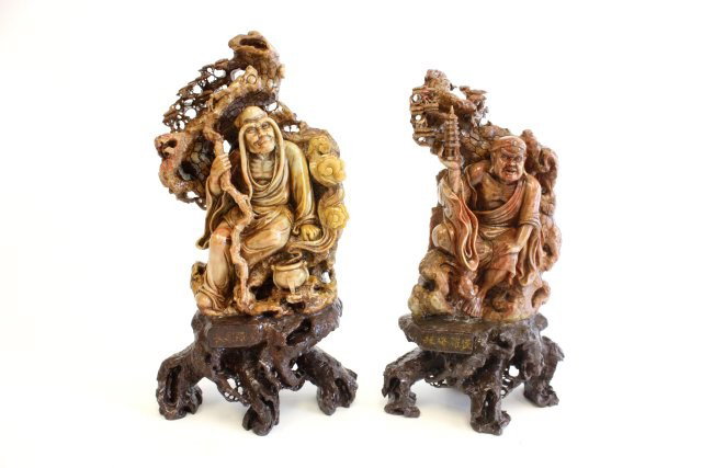 20th c. Chinese carved soapstone Buddha: 2 pieces. Approx. 13.5" x 6" & 12.5" x 6". Please read our terms of sale.