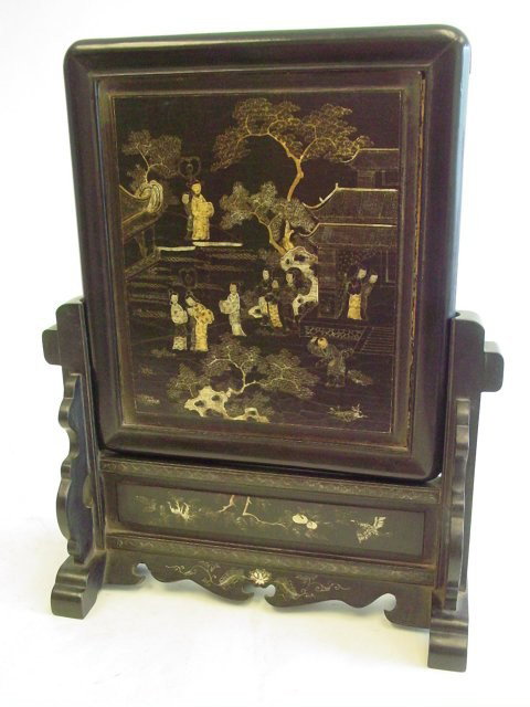 Late 19th c. Chinese table screen: Chinoisserie design. Approx. 18" H x 12". Please read our terms of sale.