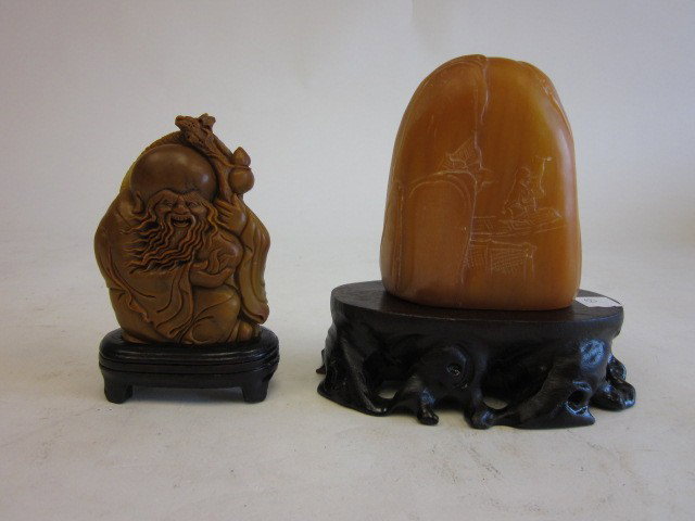 Carved soapstone & stone carving: Carved soapstone of "Shou Lao" on wood base. Approx. 5" H. Stone carving of "People", 2 paneled on wood base. Approx. 6.5" H. Please read our terms of sale.