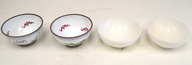2 pair of bowls: 1- Pair enamel with "Bats & Insects", approx. 4" Diam., 2" 1- Pair white hard stone. Approx. 4.5" x 2". Please read our terms of sale.